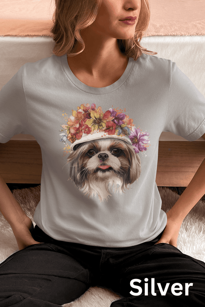 Shih Tzu with Flowers Hat T-Shirt - Stylish Tee for Dog Lovers - Shih Tzu Gifts