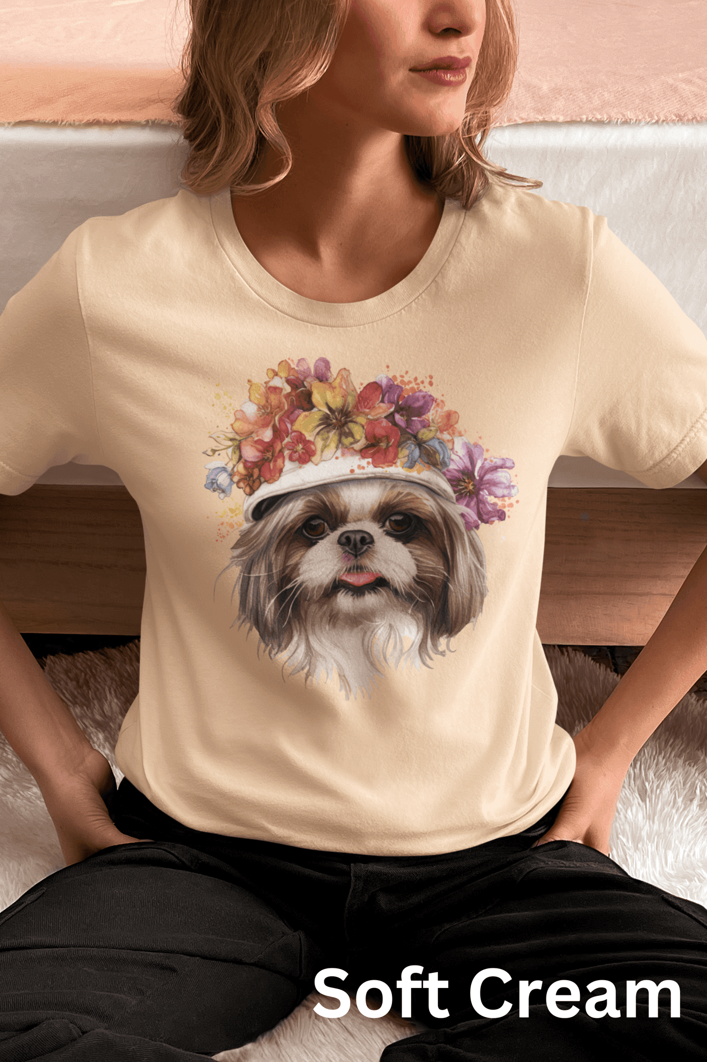 Shih Tzu with Flowers Hat T-Shirt - Stylish Tee for Dog Lovers - Shih Tzu Gifts