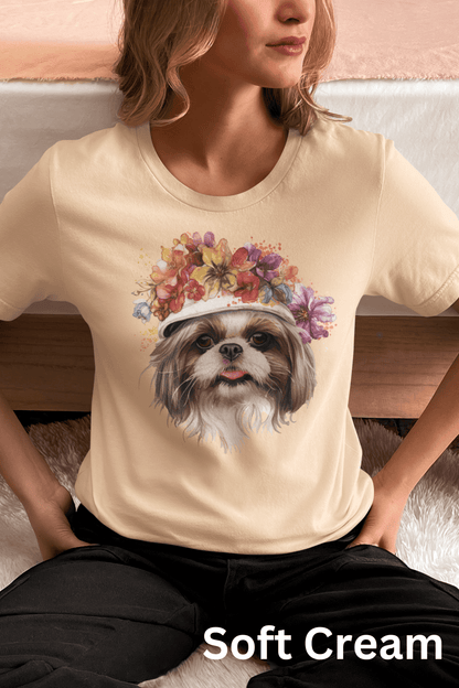 Shih Tzu with Flowers Hat T-Shirt - Stylish Tee for Dog Lovers - Shih Tzu Gifts
