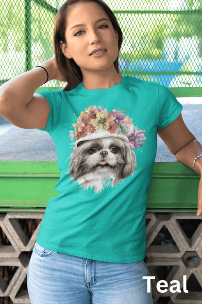 Shih Tzu with Flowers Hat T-Shirt - Stylish Tee for Dog Lovers - Shih Tzu Gifts