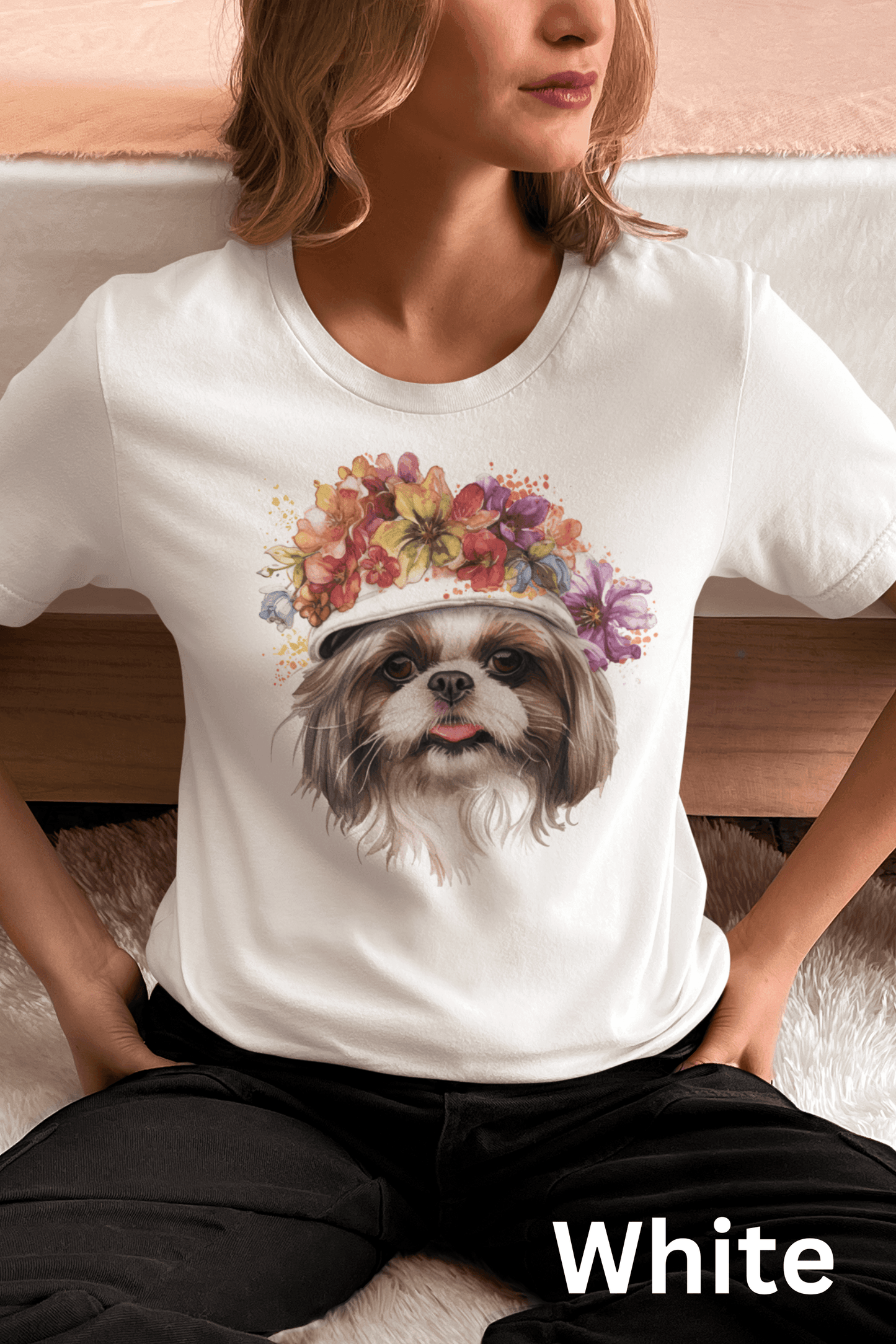 Shih Tzu with Flowers Hat T-Shirt - Stylish Tee for Dog Lovers - Shih Tzu Gifts