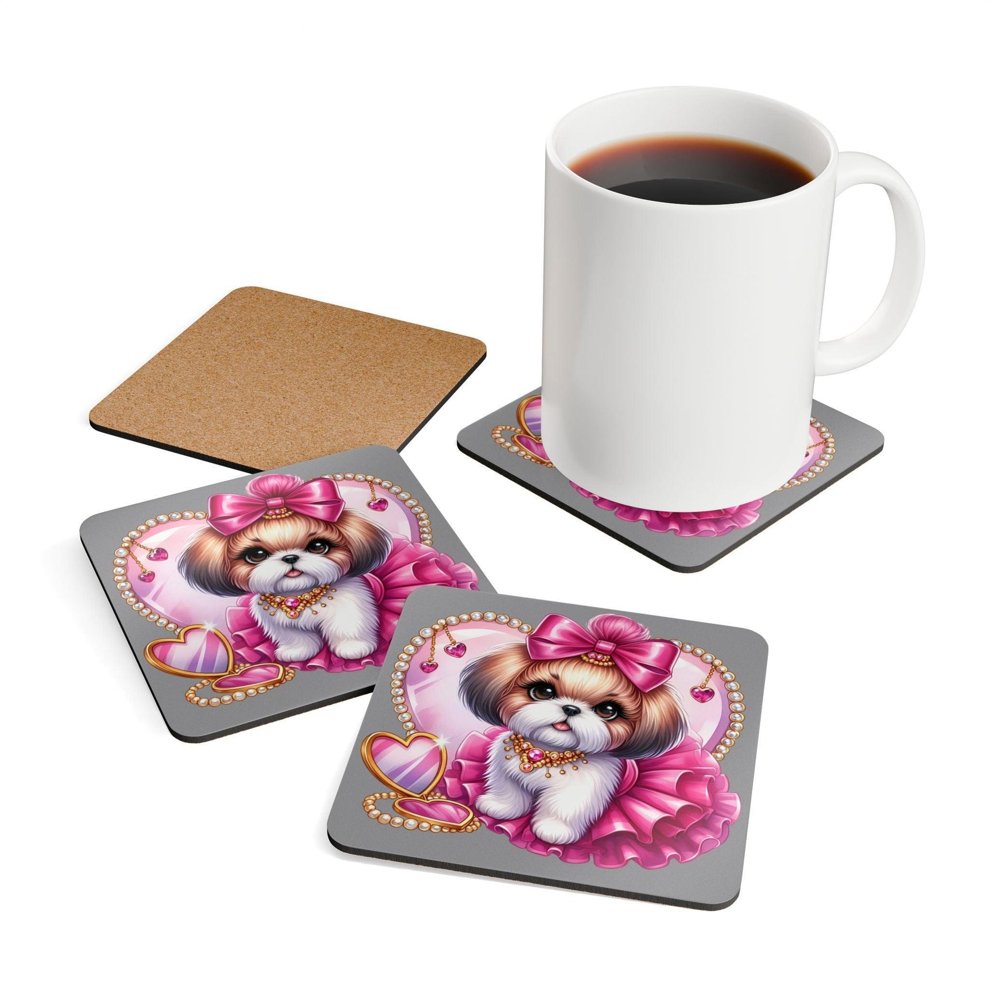 Pink Bow Shih Tzu Corkwood Coaster Set - Shih Tzu Gifts