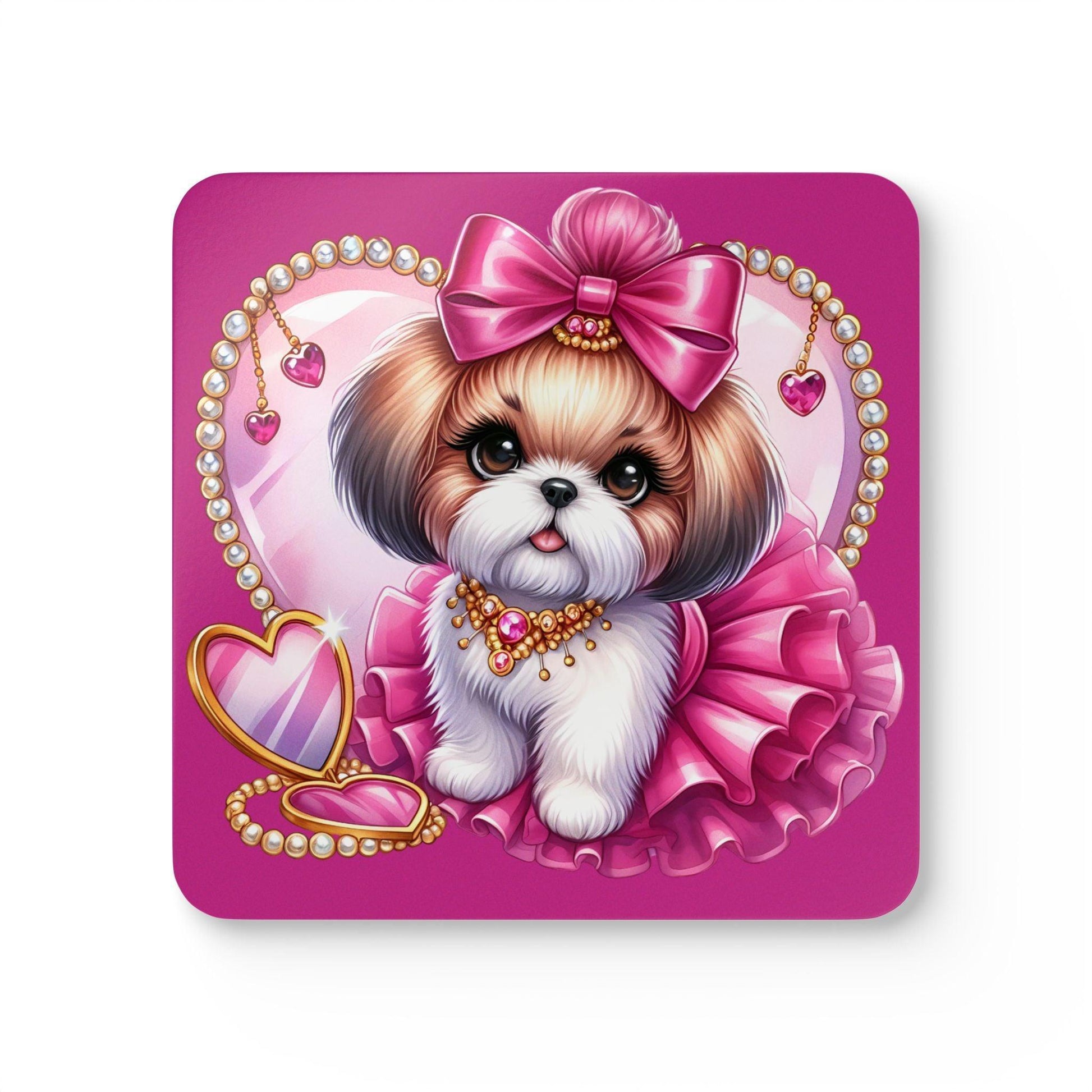 Pink Bow Shih Tzu Corkwood Coaster Set - Shih Tzu Gifts