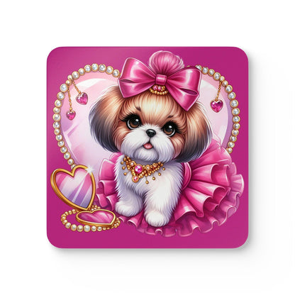 Pink Bow Shih Tzu Corkwood Coaster Set - Shih Tzu Gifts