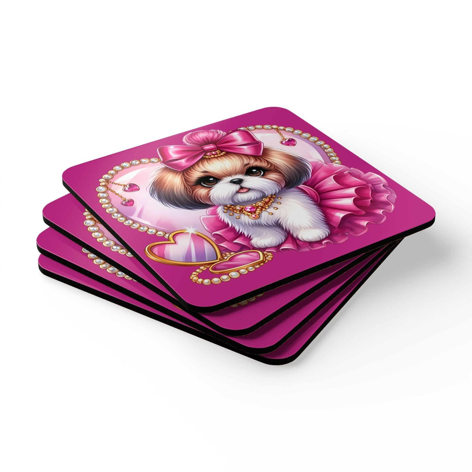 Pink Bow Shih Tzu Corkwood Coaster Set - Shih Tzu Gifts