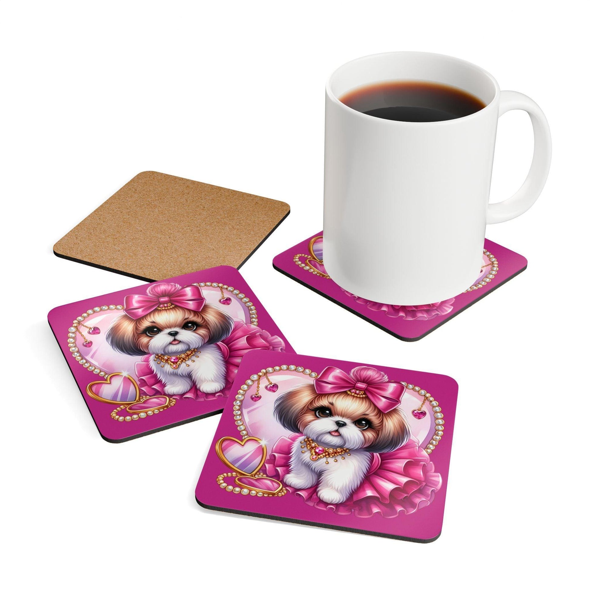 Pink Bow Shih Tzu Corkwood Coaster Set - Shih Tzu Gifts