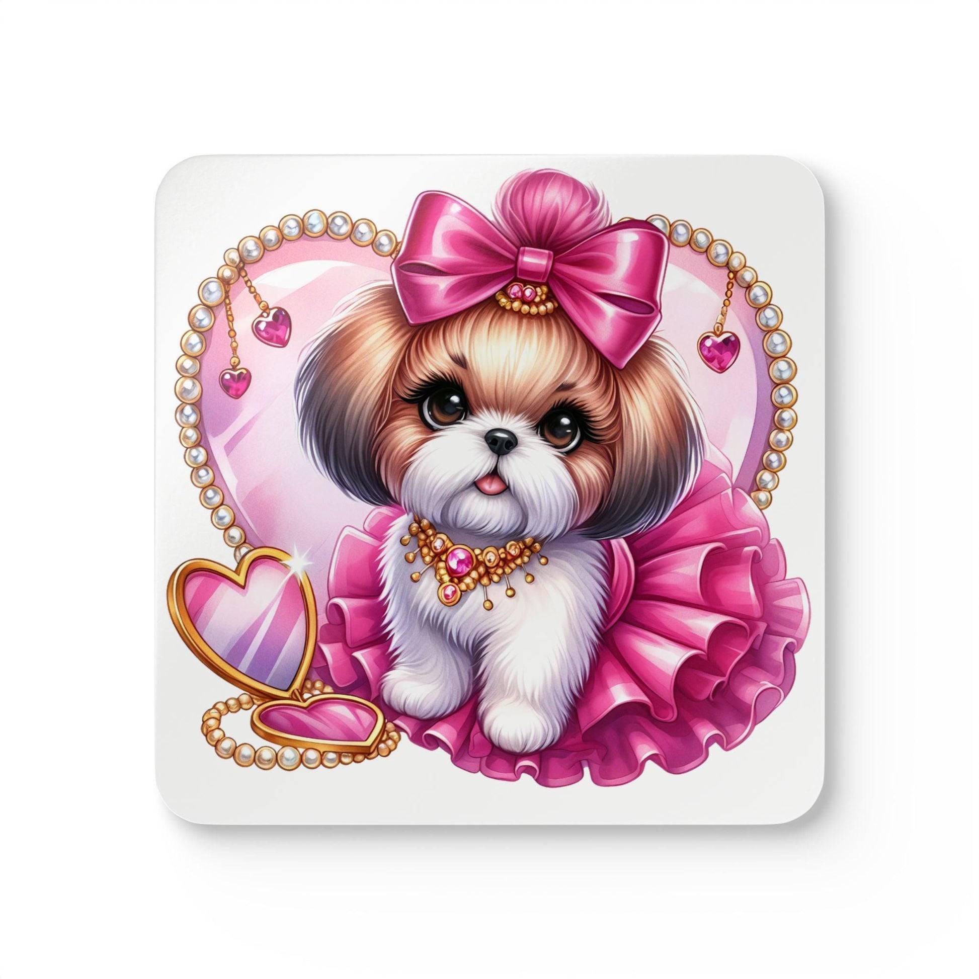 Pink Bow Shih Tzu Corkwood Coaster Set - Shih Tzu Gifts