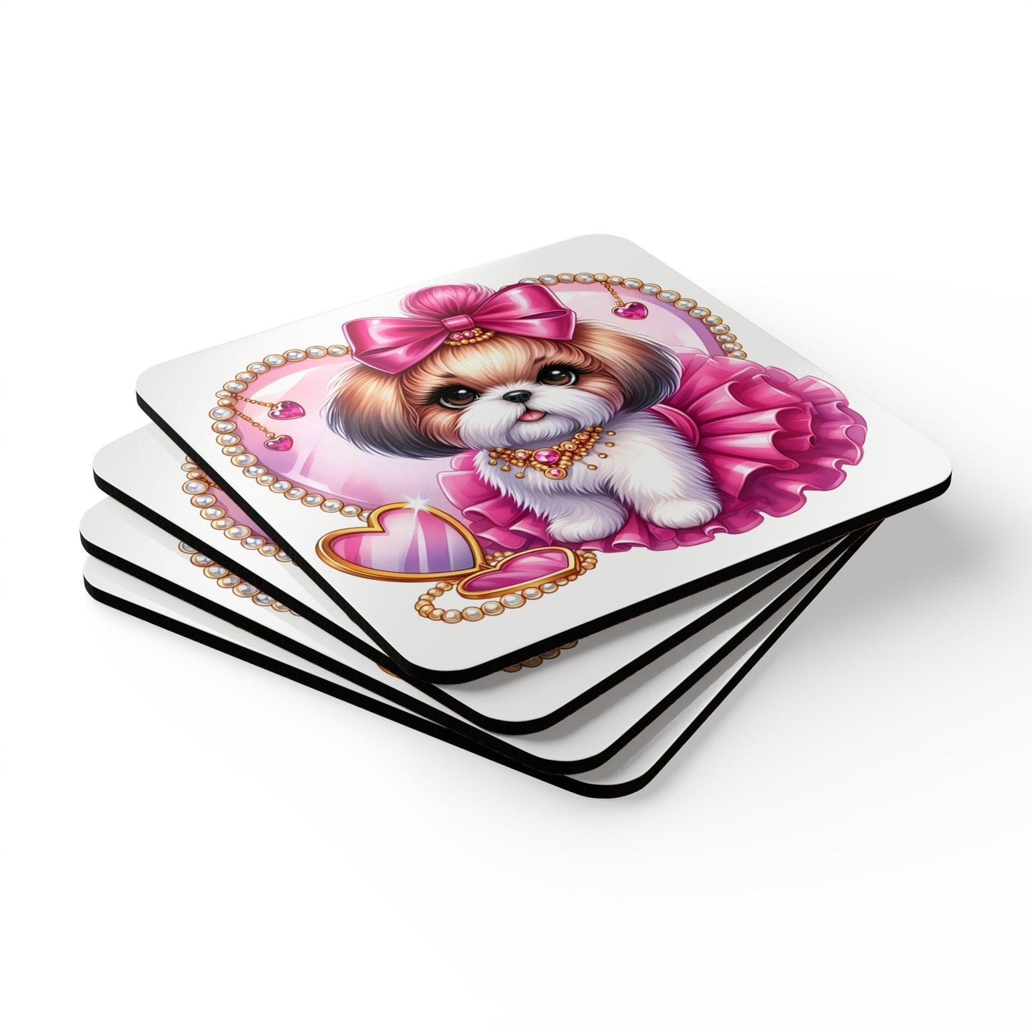 Pink Bow Shih Tzu Corkwood Coaster Set - Shih Tzu Gifts