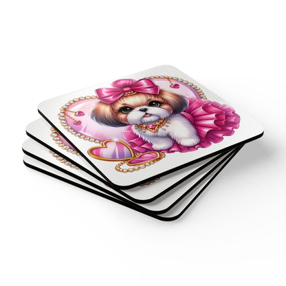 Pink Bow Shih Tzu Corkwood Coaster Set - Shih Tzu Gifts