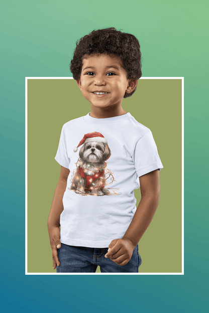 Shih Tzu Wearing a Christmas Hat and Wrapped in Lights Youth Short Sleeve Tee - Shih Tzu Gifts