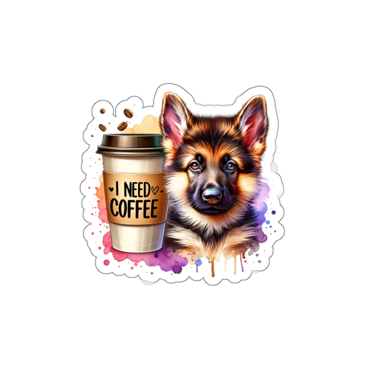 German Shepherd with Coffee Sticker – Gift for Dog and Coffee Lovers