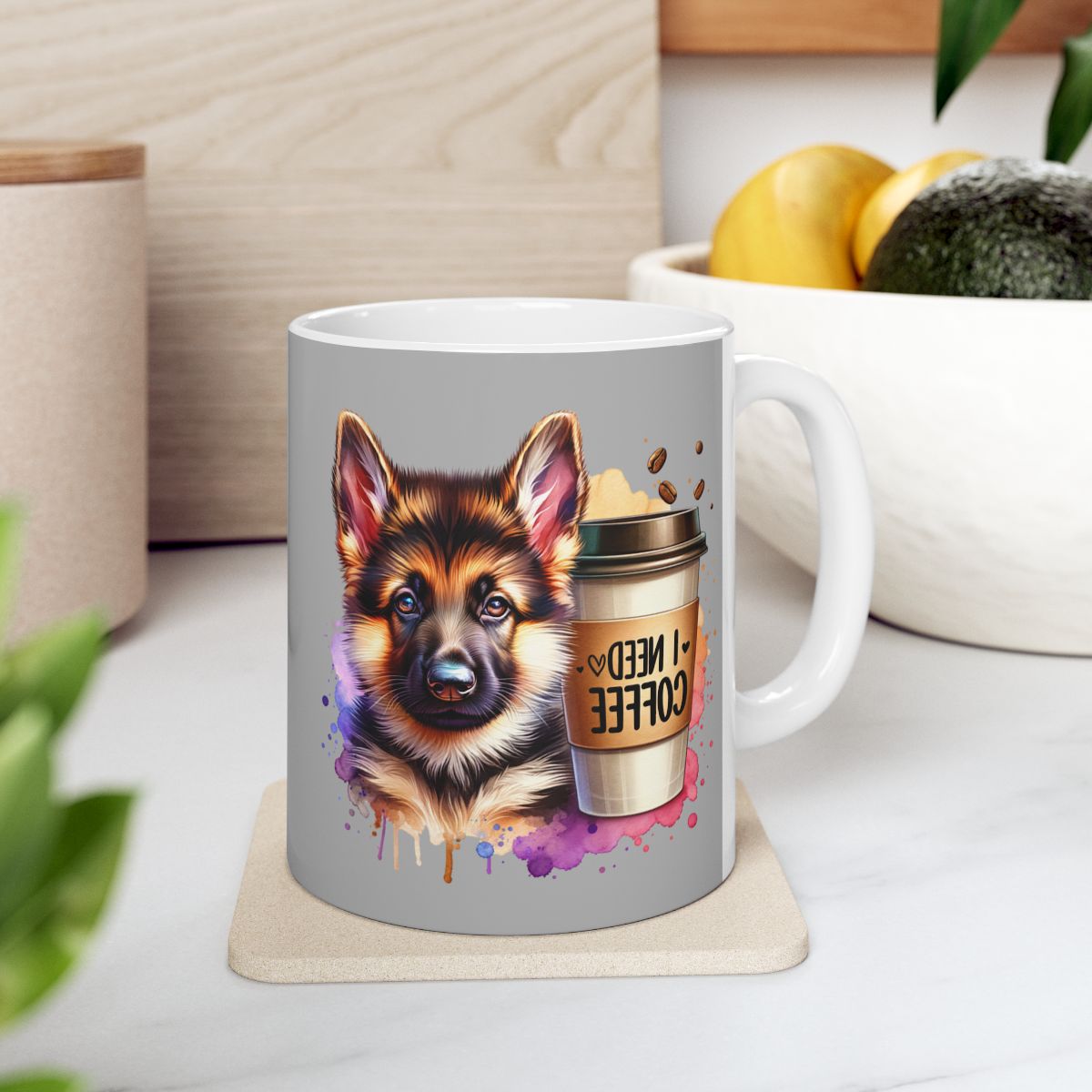 German Shepherd with Coffee Mug – Gift for Dog Moms & Dads