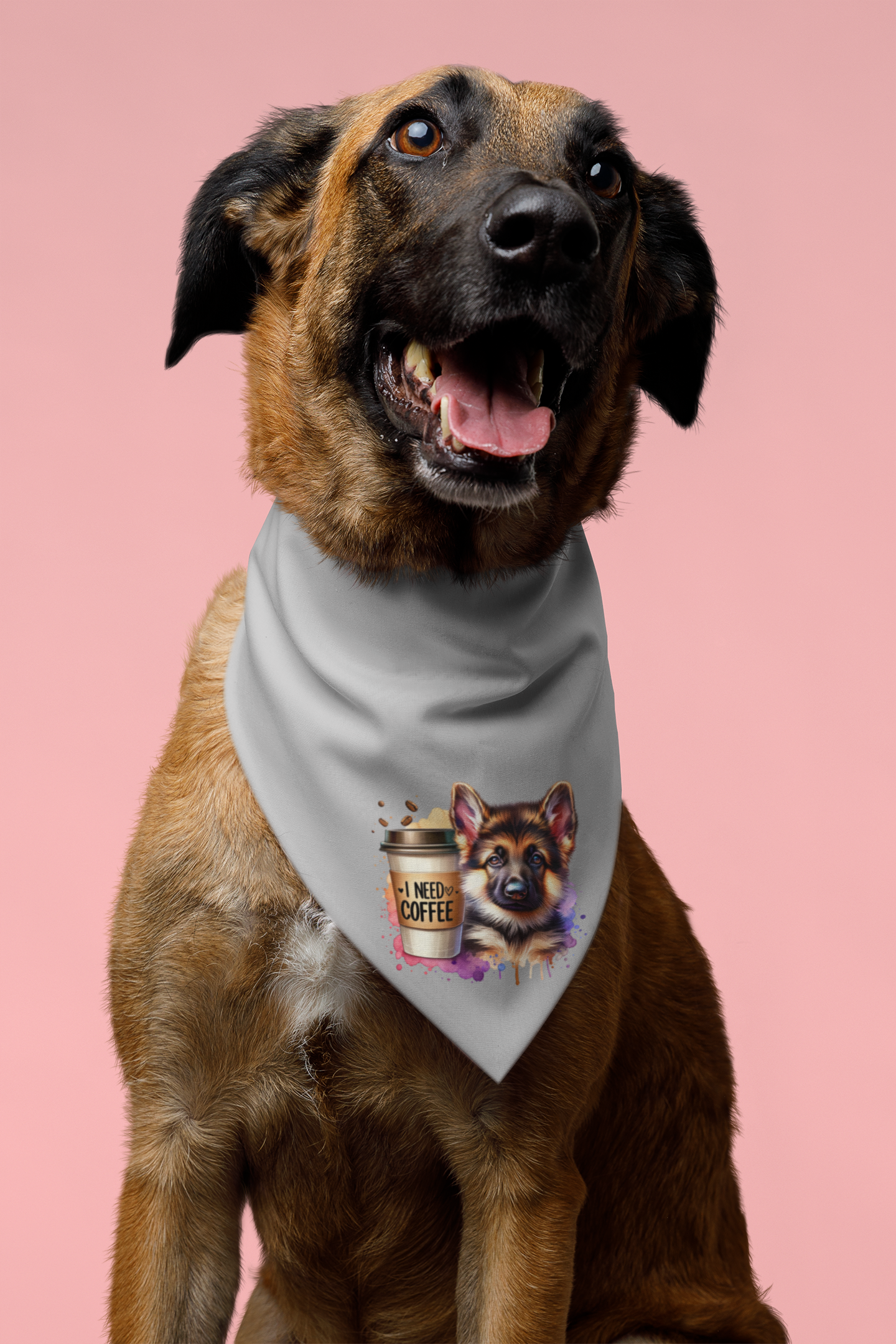 German Shepherd with Coffee Bandana – Fun Gift for Dog & Coffee Lovers