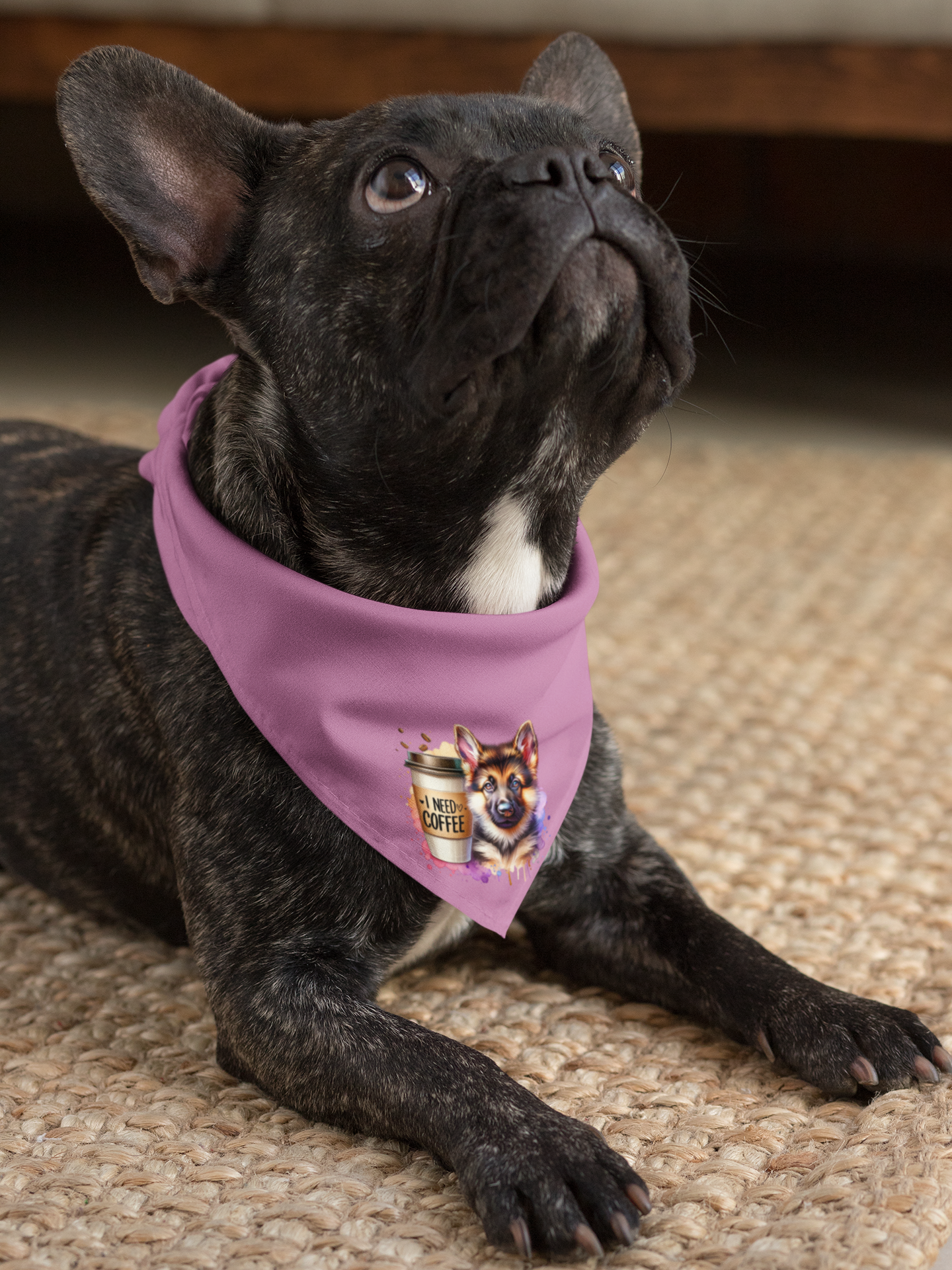 German Shepherd with Coffee Bandana – Fun Gift for Dog & Coffee Lovers