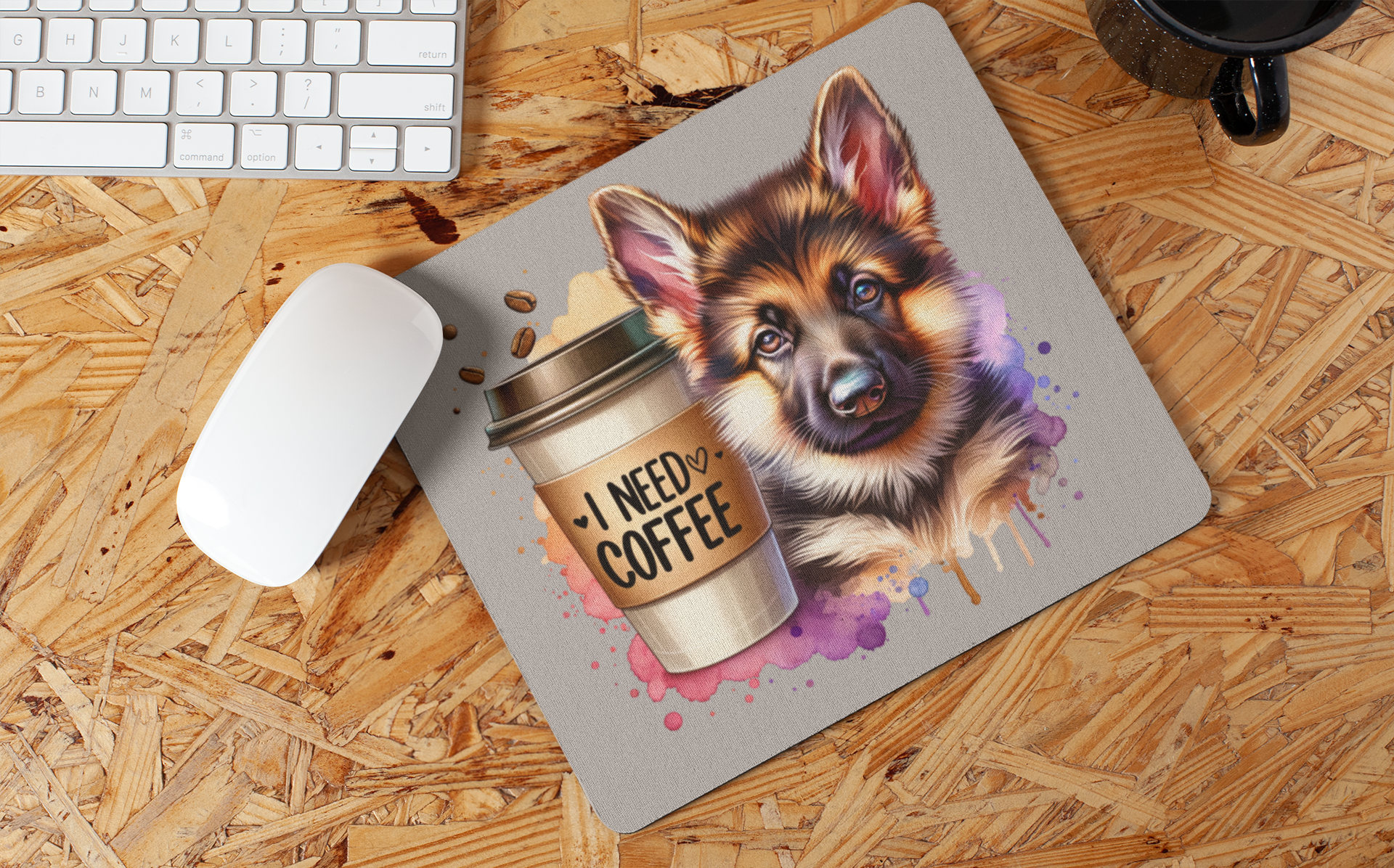 German Shepherd with Coffee Mouse Pad – Gift for Dog & Coffee Lovers