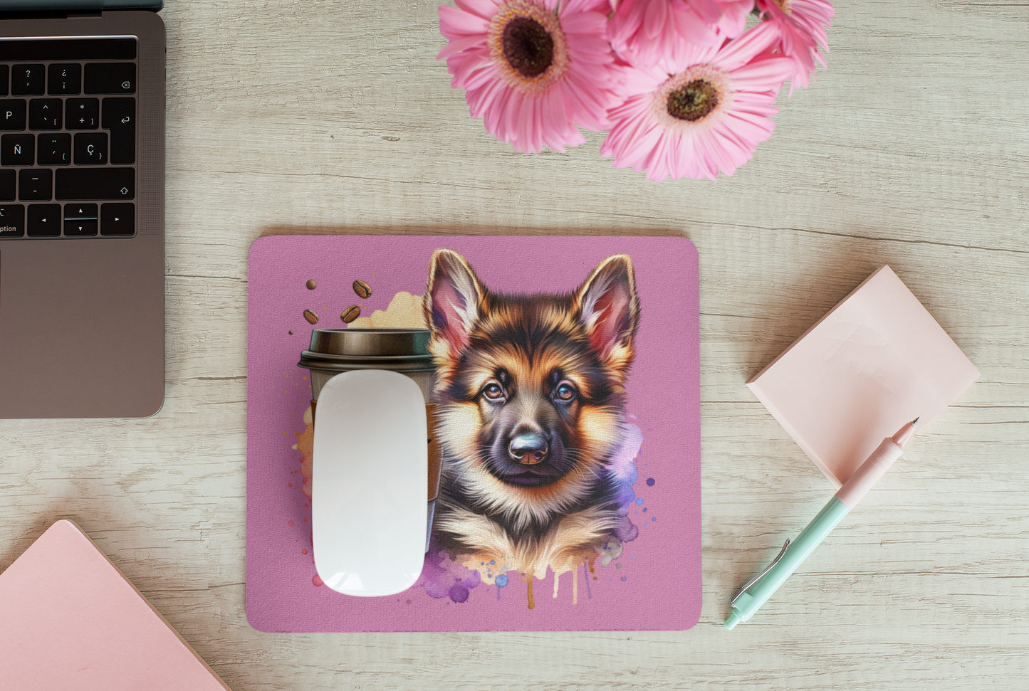 German Shepherd with Coffee Mouse Pad – Gift for Dog & Coffee Lovers