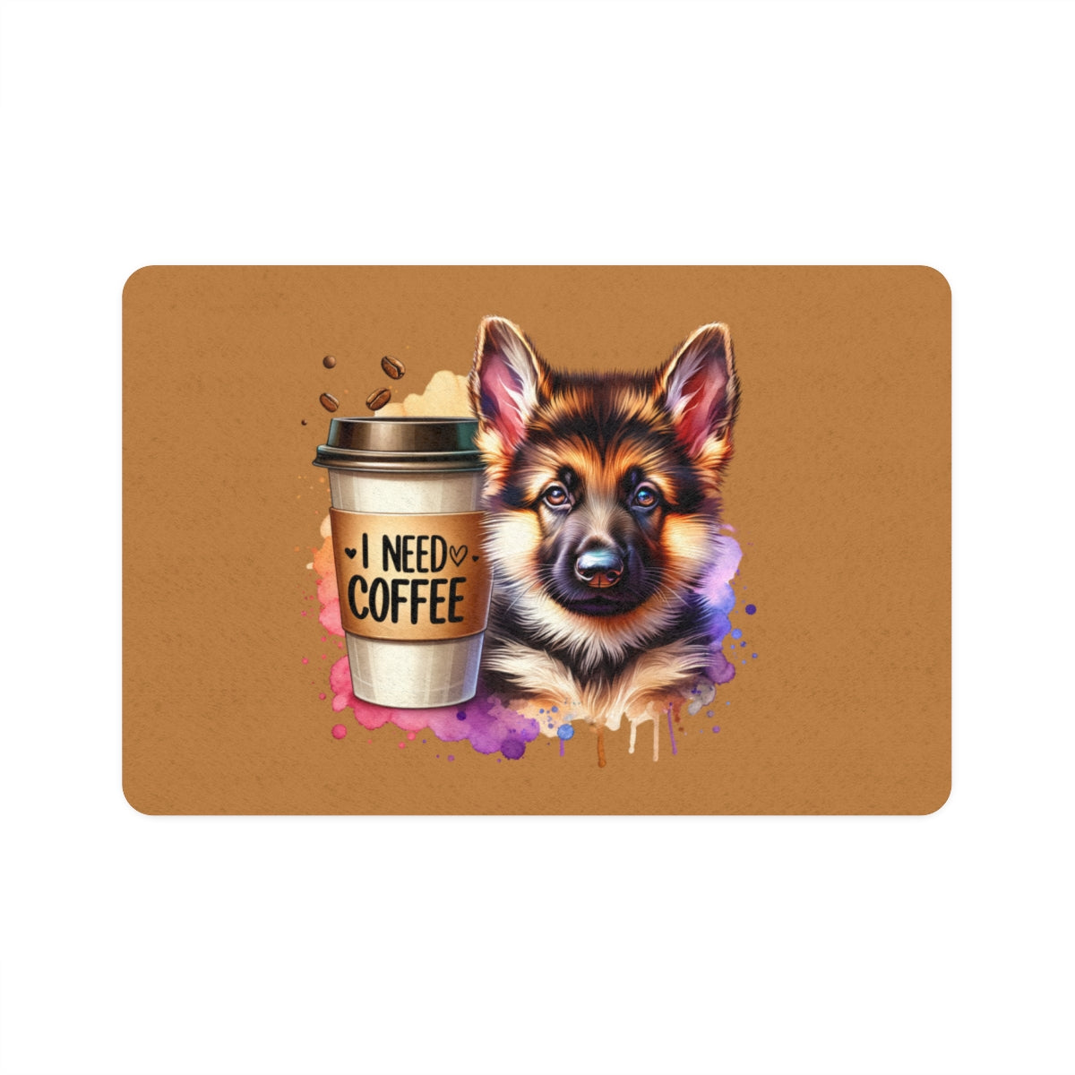German Shepherd with Coffee Pet Food Mat – Cute & Non-Slip Design