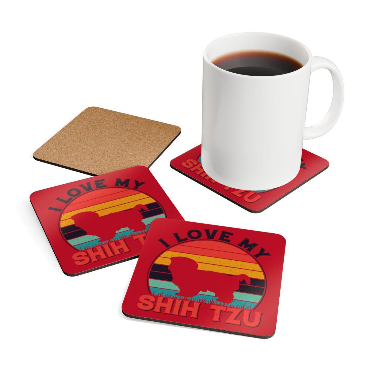 I Love My Shih Tzu With Rainbow Corkwood Coaster Set - Shih Tzu Gifts