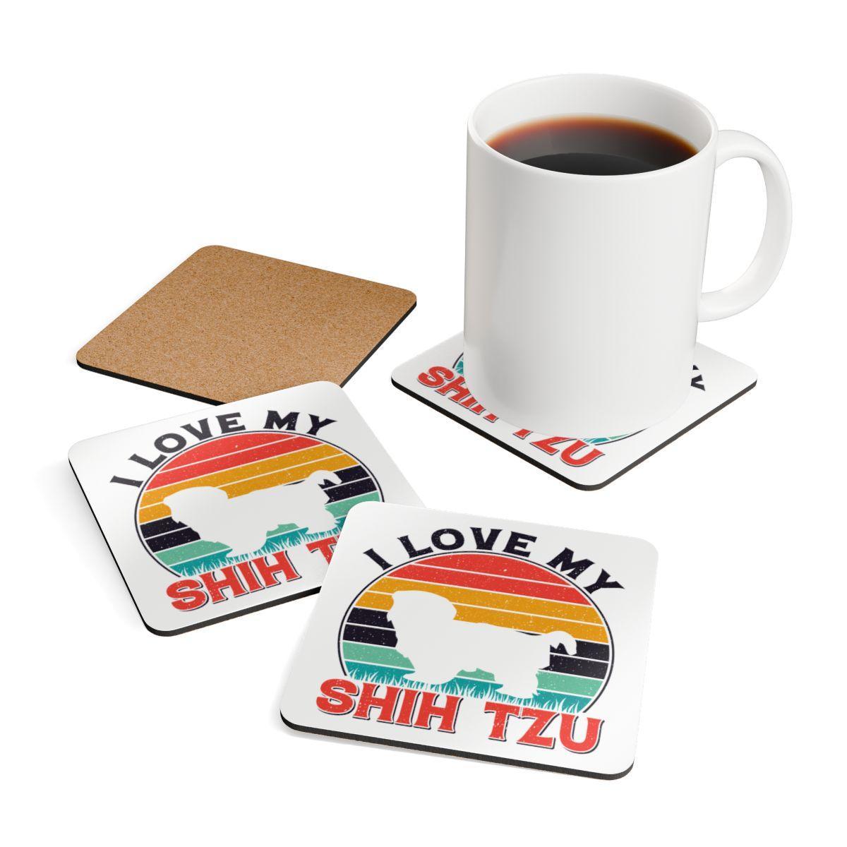 I Love My Shih Tzu With Rainbow Corkwood Coaster Set - Shih Tzu Gifts