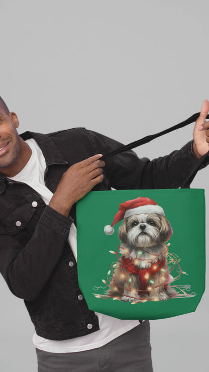Shih Tzu Wearing a Christmas Hat and Wrapped in Lights Tote Bag
