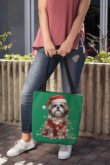 Shih Tzu Wearing a Christmas Hat and Wrapped in Lights Tote Bag - Shih Tzu Gifts