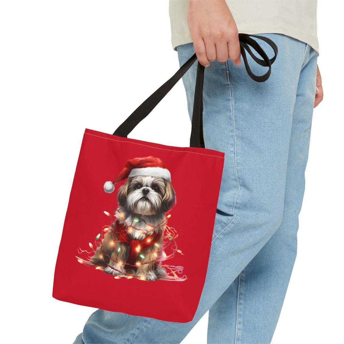 Shih Tzu Wearing a Christmas Hat and Wrapped in Lights Tote Bag - Shih Tzu Gifts