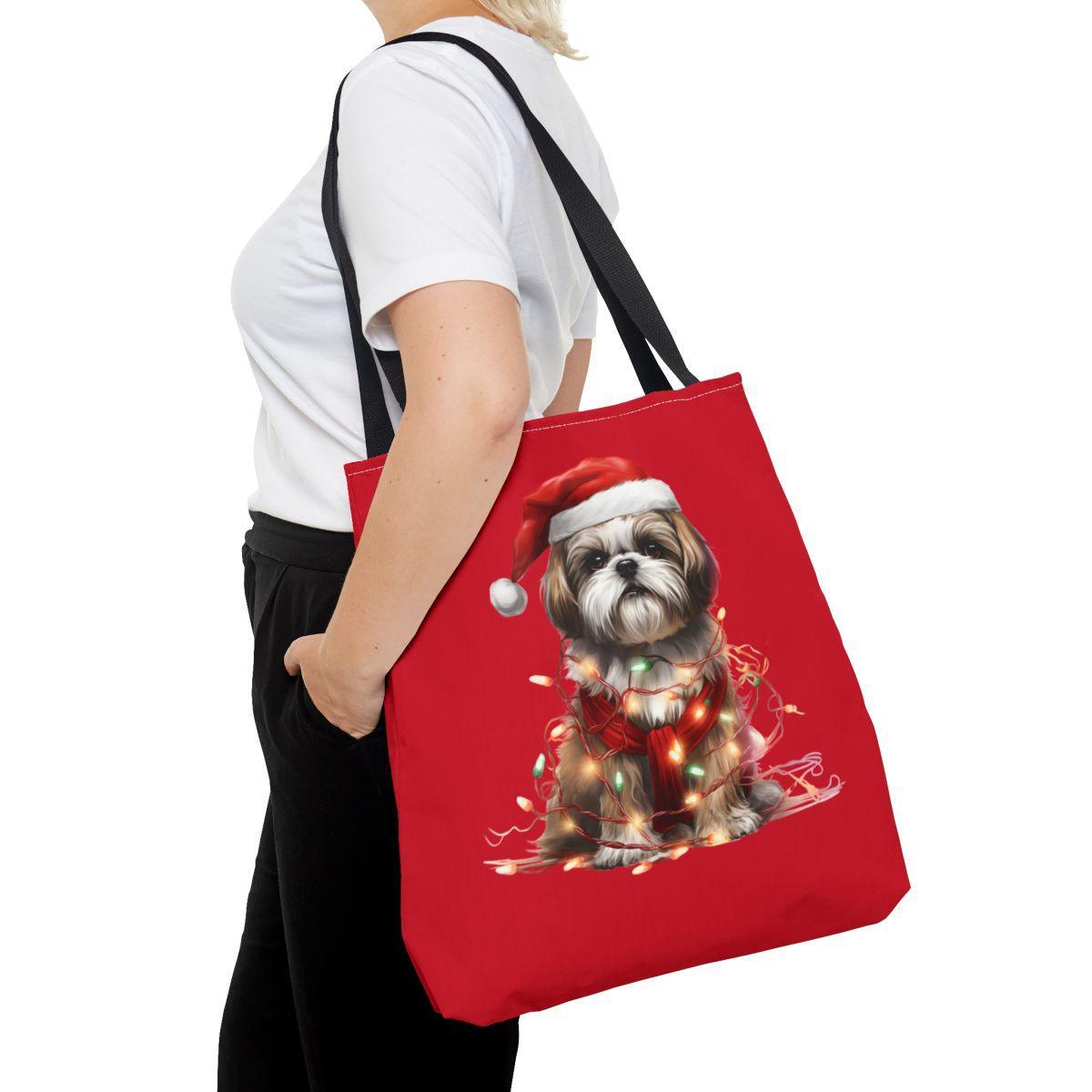 Shih Tzu Wearing a Christmas Hat and Wrapped in Lights Tote Bag - Shih Tzu Gifts