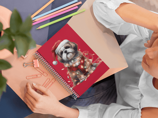 Shih Tzu Wearing a Christmas Hat and Wrapped in Lights Spiral Notebook - Shih Tzu Gifts
