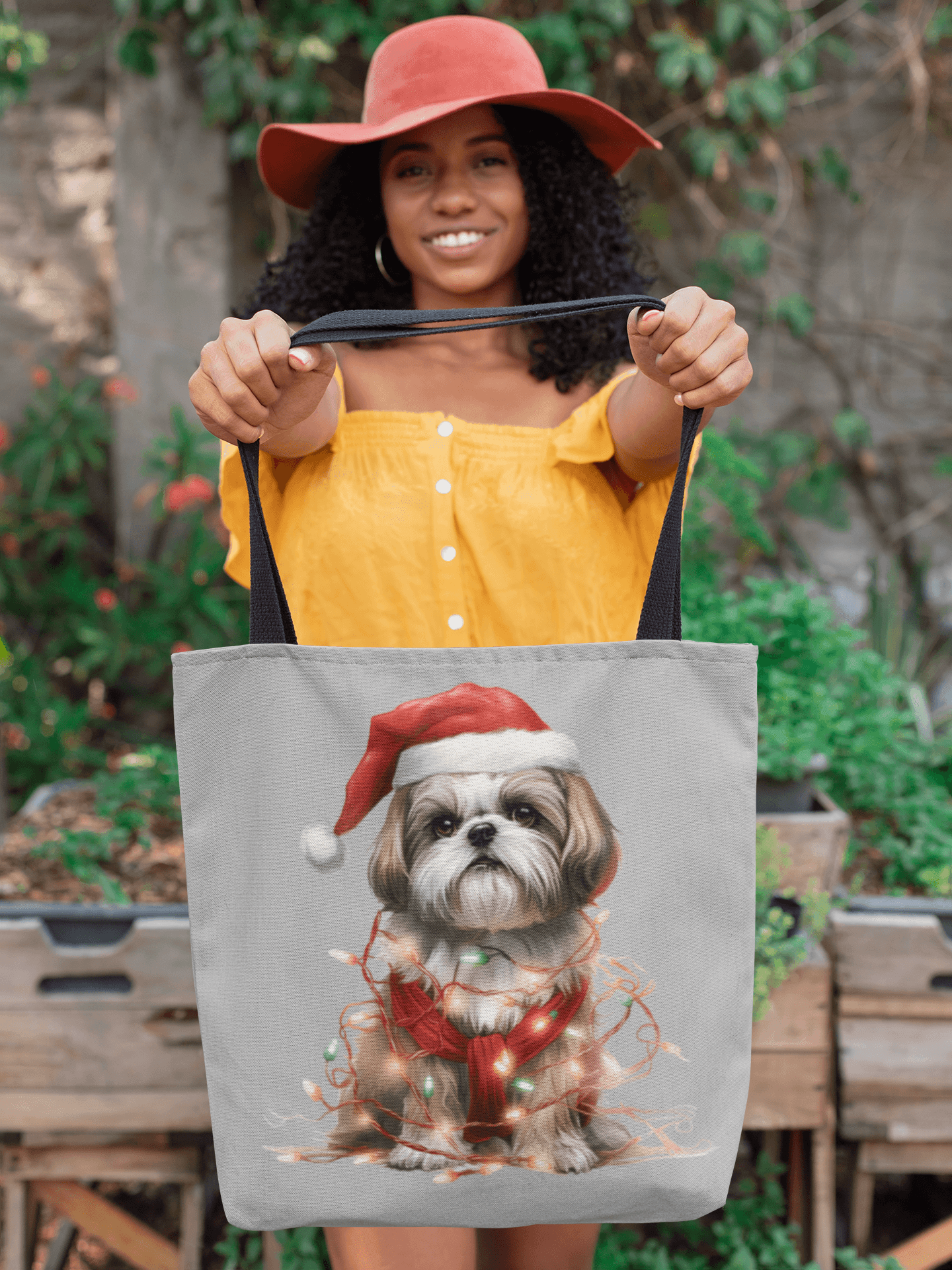 Shih Tzu Wearing a Christmas Hat and Wrapped in Lights Tote Bag - Shih Tzu Gifts