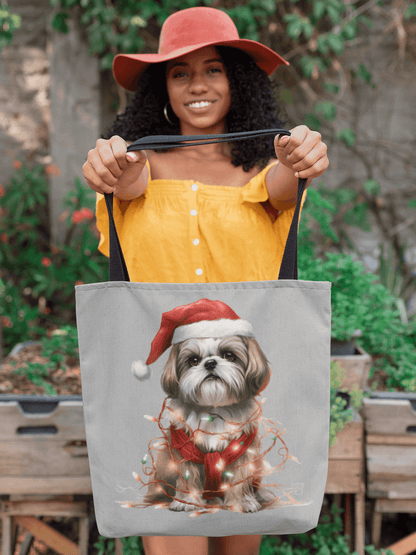 Shih Tzu Wearing a Christmas Hat and Wrapped in Lights Tote Bag - Shih Tzu Gifts