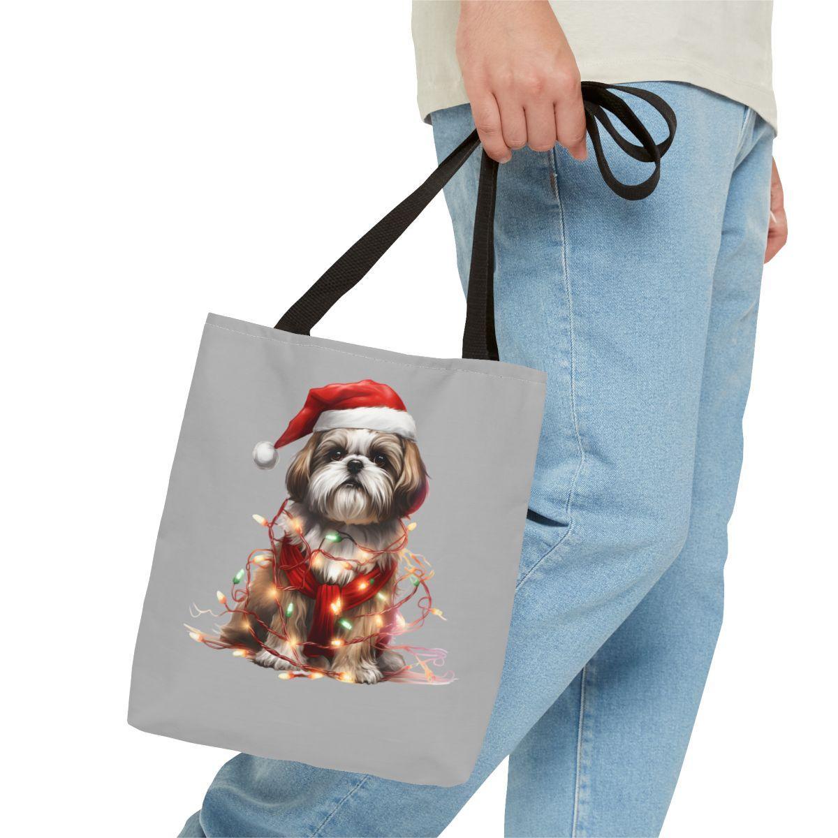 Shih Tzu Wearing a Christmas Hat and Wrapped in Lights Tote Bag - Shih Tzu Gifts