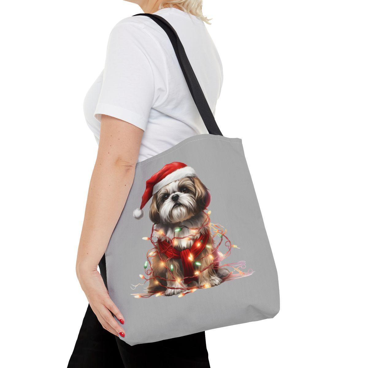 Shih Tzu Wearing a Christmas Hat and Wrapped in Lights Tote Bag - Shih Tzu Gifts