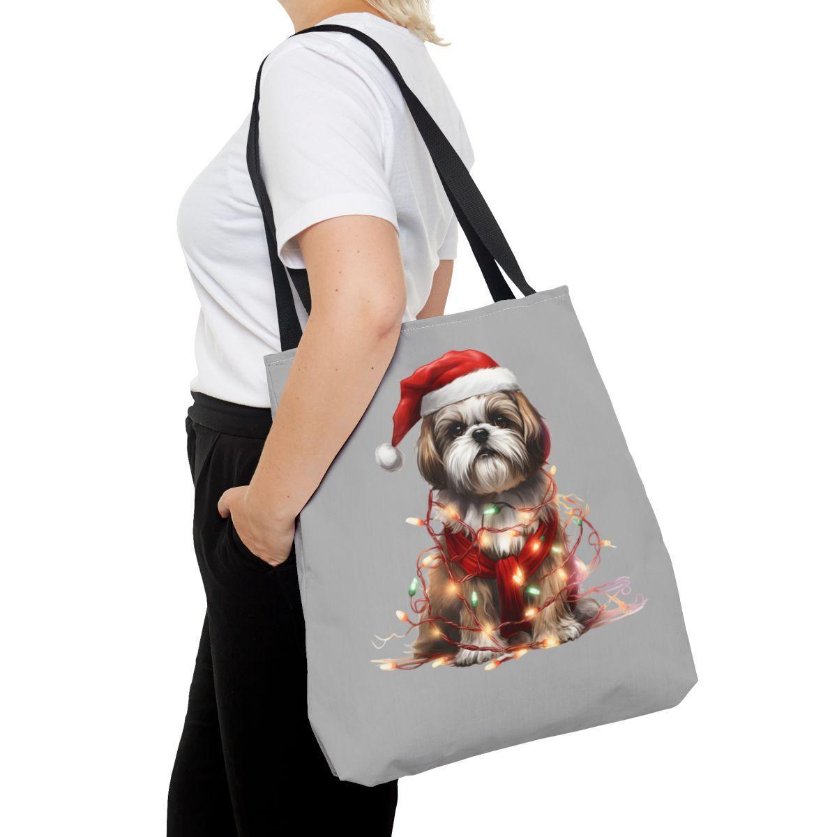 Shih Tzu Wearing a Christmas Hat and Wrapped in Lights Tote Bag - Shih Tzu Gifts