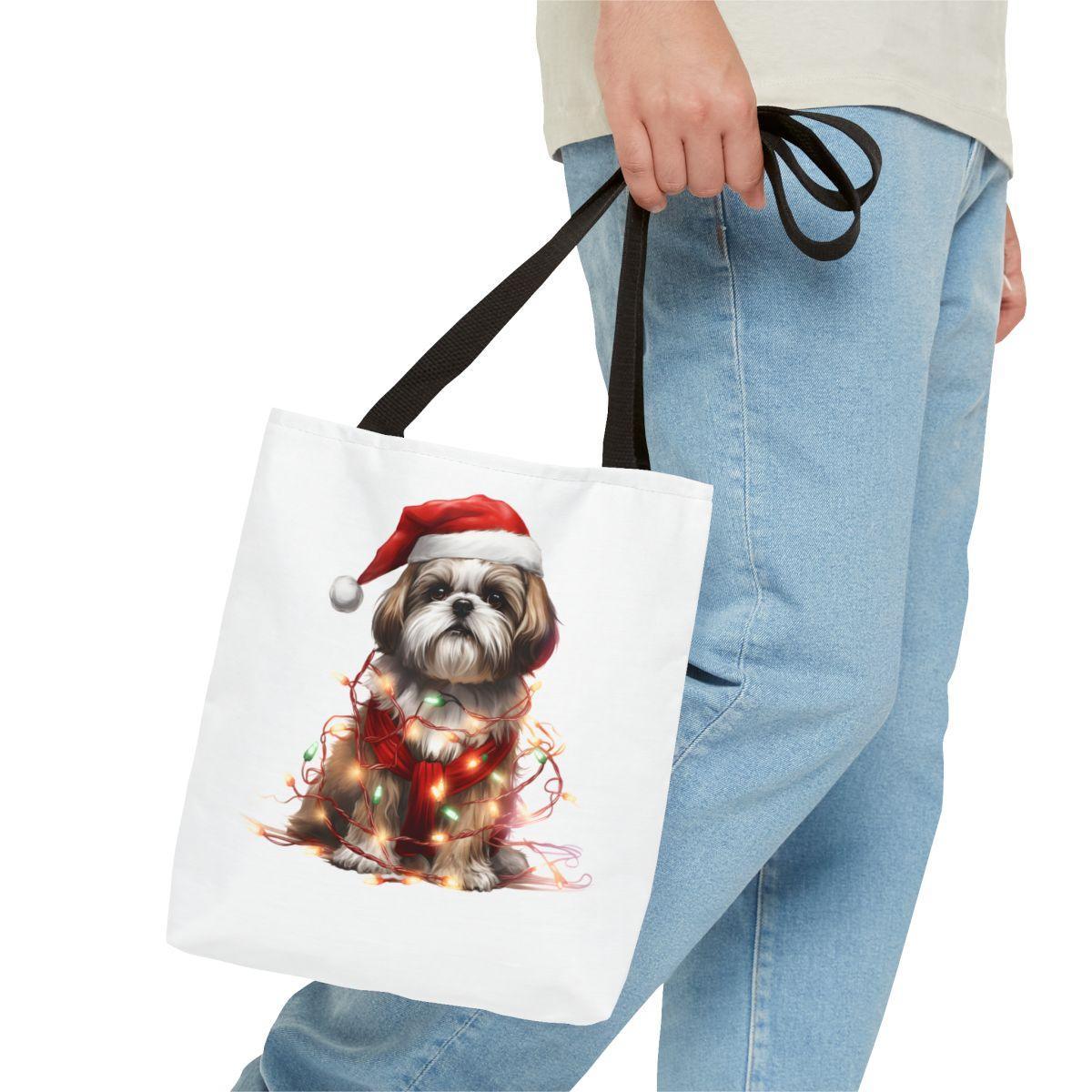 Shih Tzu Wearing a Christmas Hat and Wrapped in Lights Tote Bag - Shih Tzu Gifts