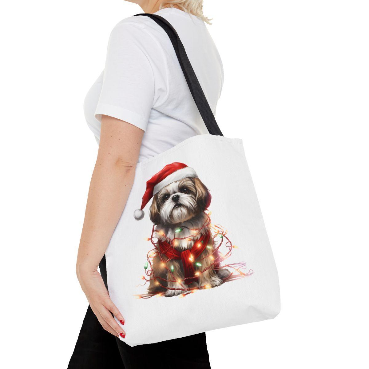 Shih Tzu Wearing a Christmas Hat and Wrapped in Lights Tote Bag - Shih Tzu Gifts
