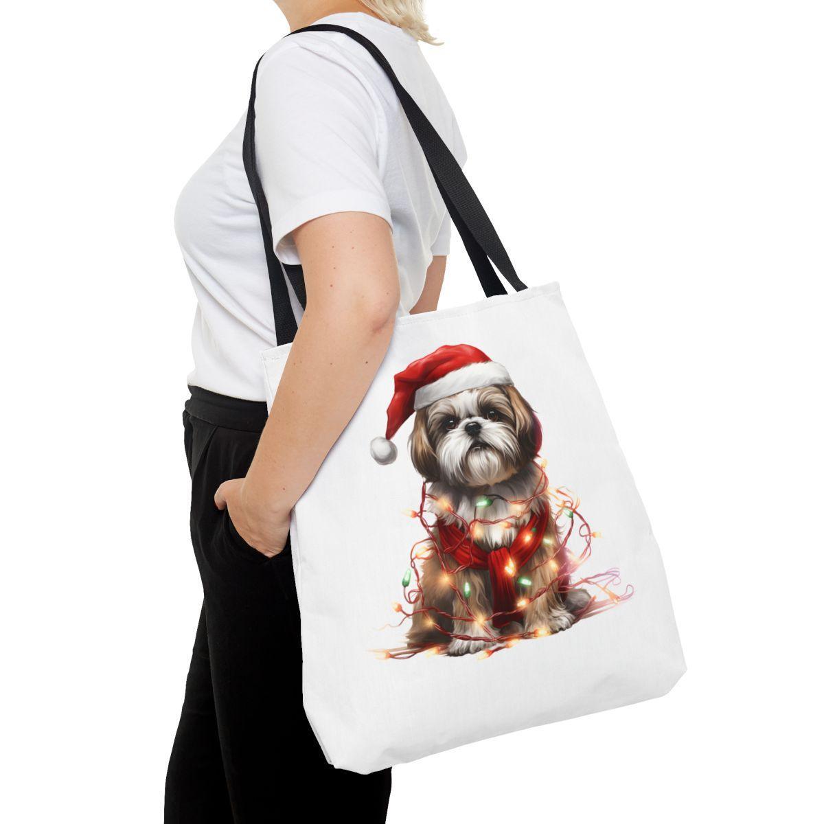 Shih Tzu Wearing a Christmas Hat and Wrapped in Lights Tote Bag - Shih Tzu Gifts