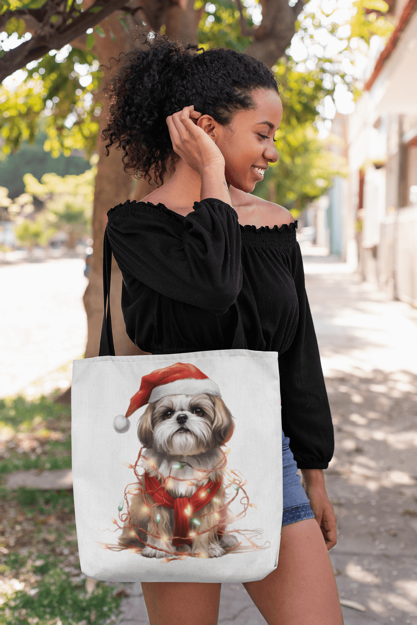 Shih Tzu Wearing a Christmas Hat and Wrapped in Lights Tote Bag - Shih Tzu Gifts